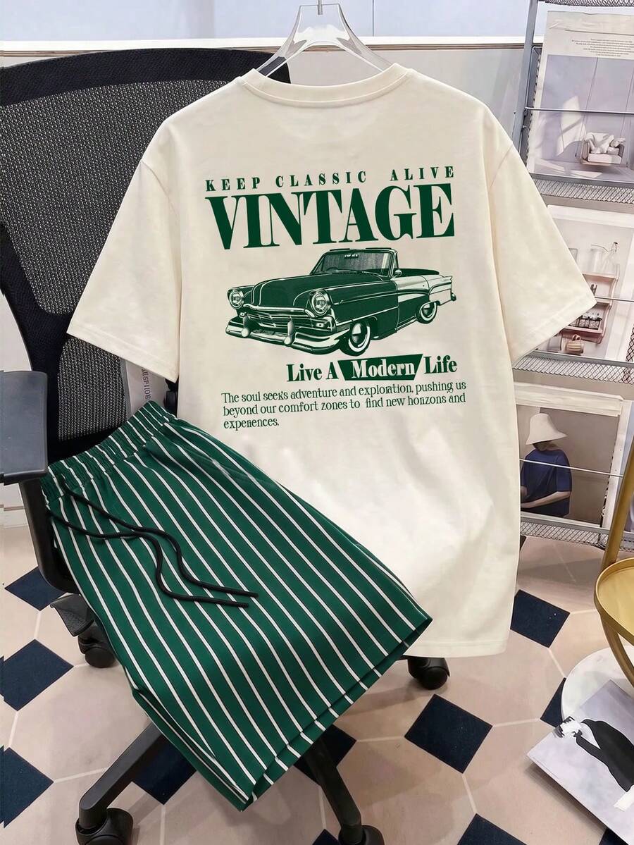 Manfinity Joysei Men's Car Slogan Print T-Shirt & Striped Shorts Set - Dark Green - View 1