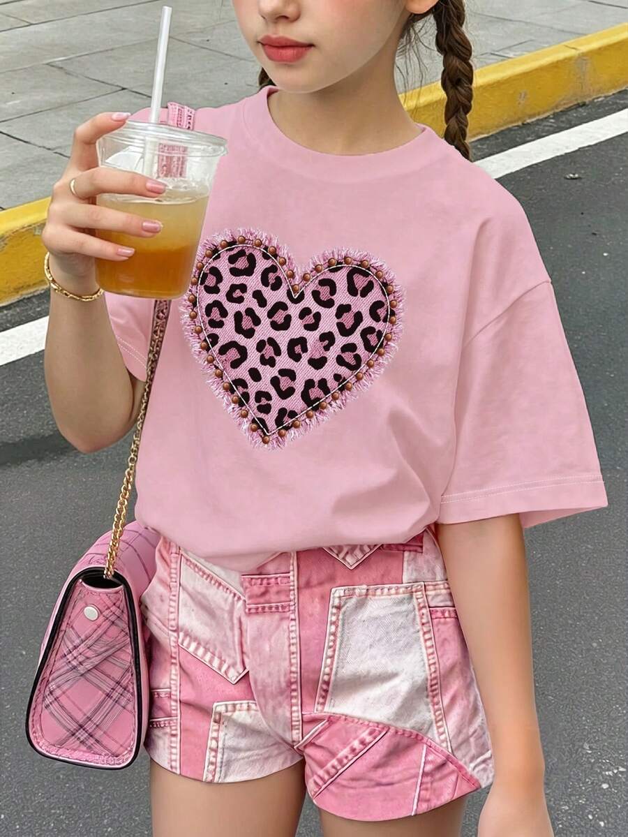 復古豹紋愛心拼接刺繡圖案,青少年女孩休閒簡約短袖上衣與短褲兩件套,適合夏季 - 彩色 - 查看 1