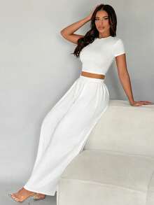 SHEIN SXY Women's Solid Color Versatile Round Neck Cropped T-Shirt And Pleated Loose Long Pants 2-Piece Set - White - View 4
