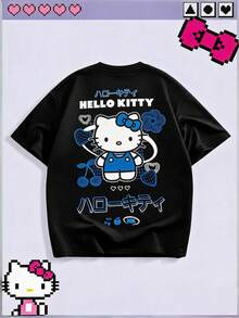 ROMWE MEN HELLO KITTY AND FRIENDS | ROMWE تي شيرت رجالي كاجوال بطبعة حرف وقطة على الرقبة المستديرة، أكمام قصيرة، صيفي - الأسود - مشاهدة 1