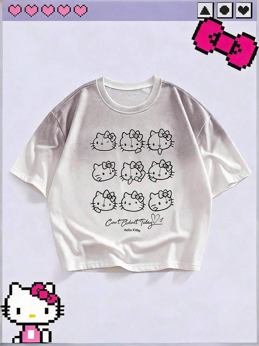 ROMWE MEN HELLO KITTY AND FRIENDS | ROMWE 男士极简印花圆领短袖T恤 - 白色 - 查看 1