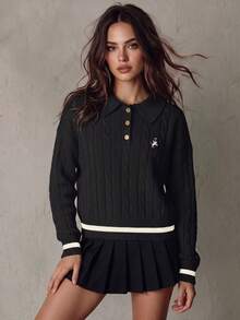 Franclia Contrast Trim Simple Long Sleeve Embroidered Horse Head Polo Collar Knit Sweater Preppy Tops - Black - View 1