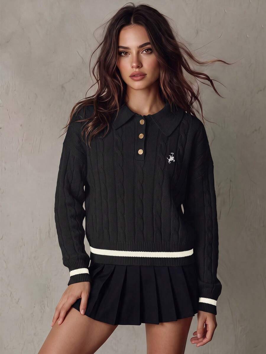 Franclia Contrast Trim Simple Long Sleeve Embroidered Horse Head Polo Collar Knit Sweater Preppy Tops - Black - View 1