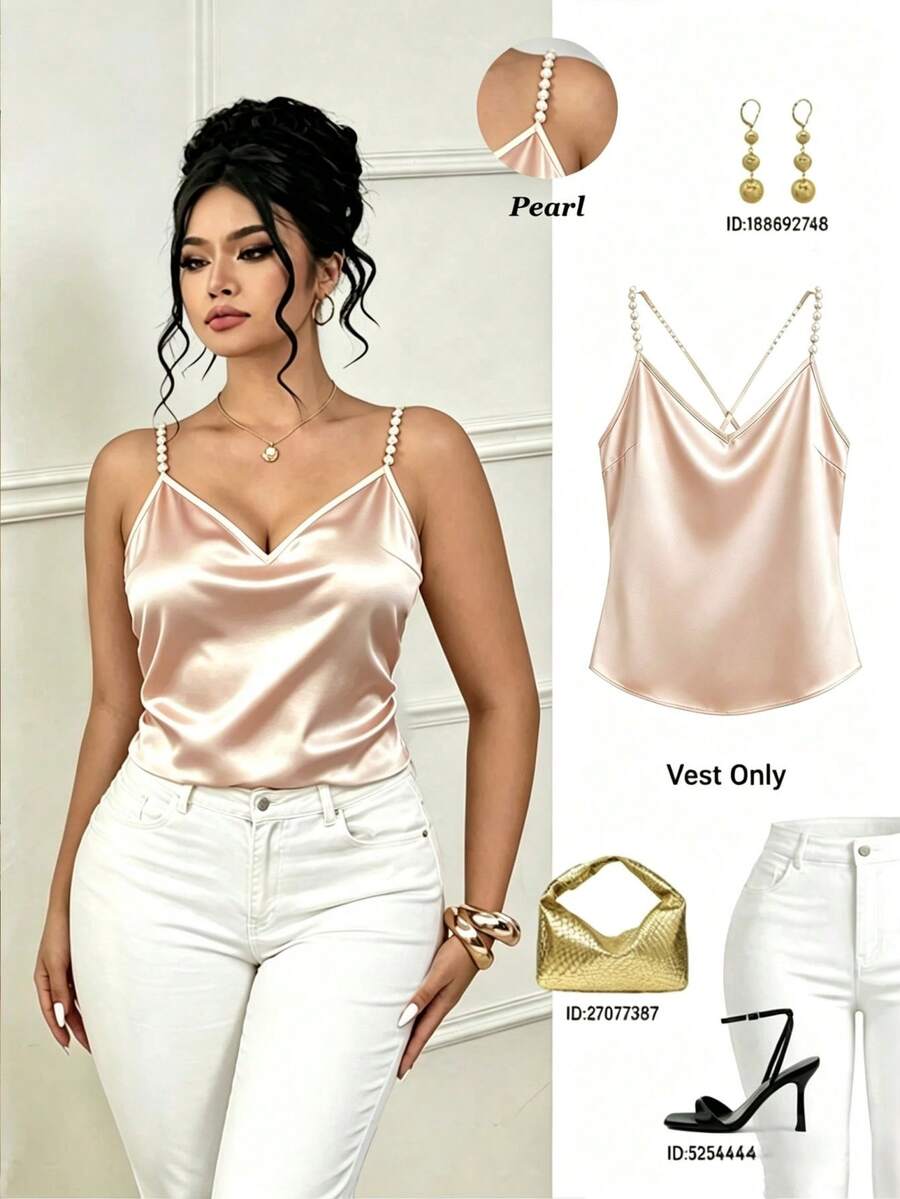 SHEIN Clasi Plus Size Satin Pearl Strap Camisole V Neck Silky Texture ...