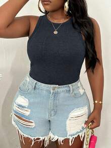 Slaydiva Plus Size Summer Casual Versatile Tank Top - Blue - View 3