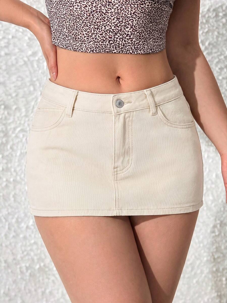 SHEIN PETITE 女士时尚迷你牛仔裙 - 杏色 - 查看 1