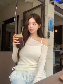 DAZY 女款不對稱領口荷葉邊細肩帶上衣休閒法式優雅長袖兩件套秋季早午餐米白色 - 杏色 - 查看 8