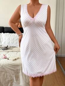 Napfluff CURVE Napfluff CURVE Regata Casual Plus Size Feminina com Poá, Laço e Renda, Roupa de Descanso e Camisola - Rosa chiclete - Visão 4