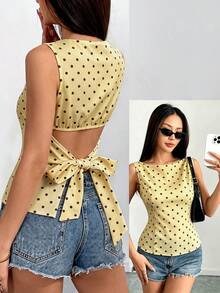 SHEIN 純色修身無袖露背繫帶蝴蝶結後背女款短版襯衫，優雅休閒性感極簡風，適合辦公商務，春夏穿著 - 鵝黃色 - 查看 4