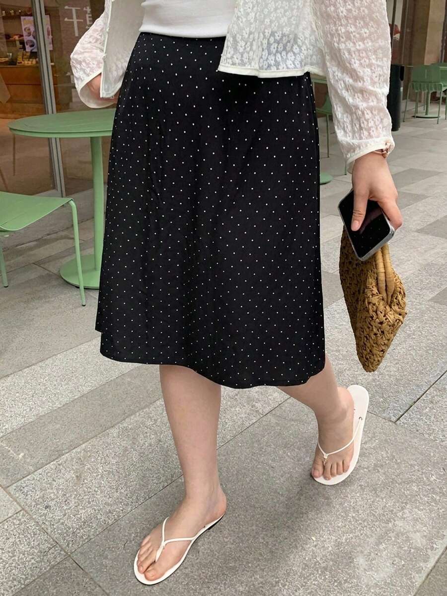 Dazy Plus All-Over Polka Dot Cute Girl Casual Korean Style Spring Summer Versatile A-Line Black Long Plus Size Women's Skirt - Black - View 1