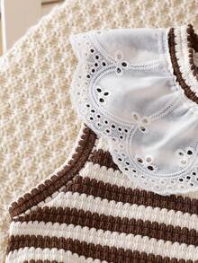 3pcs Genkimix Young Girl Ruffle Collar Fitted Solid Color Base Layer Top + Lace Collar Fashion Casual Front Button Vest + Fashion Casual Solid Color Straight Leg Pants - Brown - View 3