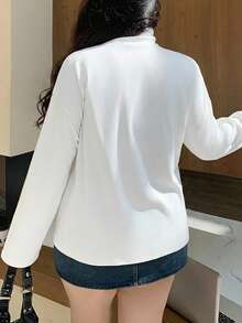 Dazy Plus Camiseta básica de manga larga de unicolor y cuello alto holgada, talla grande, color blanco, para primavera/verano/otoño, ropa de mujer de temporada - Blanco - Ver 2