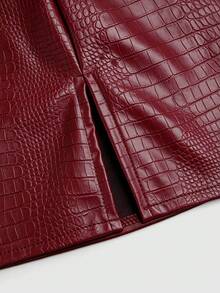 Sweetra Plus Size Ruched PU Leather Mini Skirt, A-Line Bodycon Slimming Skirt For Women Fall - Burgundy - View 3