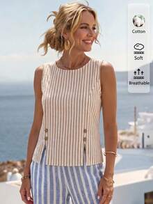 EMERY ROSE Women's Vacation Fashion Round Neck Striped Button Front Split Hem Top - White - View 6