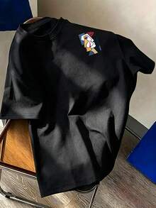 Resyla 男士夏季美式復古幾何人像印花短袖黑色T恤，街頭風休閒日常通勤百搭上衣，都市風格 - 黑色 - 查看 2