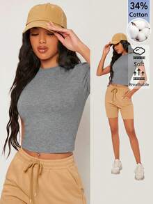 SHEIN BASICS 女款純色休閒圓領短袖短版T恤上衣 白色上衣 - 灰色 - 查看 3