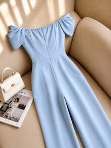 Elenzga Women's Light Blue Strapless Off-Shoulder Asymmetrical Design Pleated Cinched Waist Straight Leg Wide Leg Elegant Commute Vacation Sexy Jumpsuit, Spring/Summer - Blue - View 2