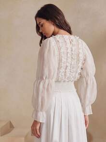 Anewsta Autumn/Winter Romantic French Chiffon Ruffle Petal Sleeve White Blouse - White - View 2