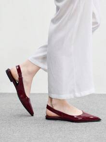 CUCCOO BIZCHIC 簡約酒紅色尖頭平底休閒通勤女鞋，百搭日常通勤辦公穿搭平底鞋 - 酒紅色 - 查看 3