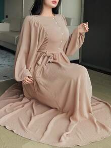 Dazy Plus Elegant Solid Color Round Neck Ruched Waist Lantern Sleeve Khaki Mid-Length Dress, Spring Summer Autumn New - Khaki - View 6