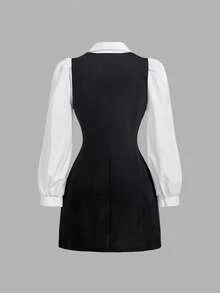 SHEIN MOD Black And White Colorblock 2 In 1 Button Petal Sleeve Mini Dress Birthday Date Dinner Date Party Autumn French Elegant French.Halloween.School. - Black and White - View 4