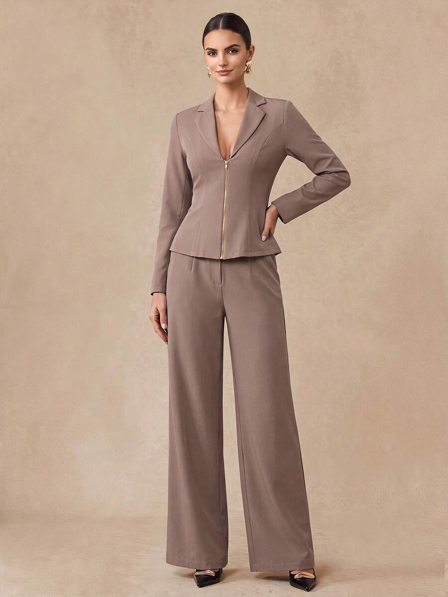 Almamuse Women's Casual Commuting Minimalist Fitted Suit Set - Khaki - View 1