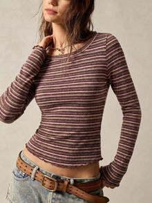 Bohemela Women's Striped Knit Long Sleeve Slim Fit T-Shirt - Burgundy - View 3