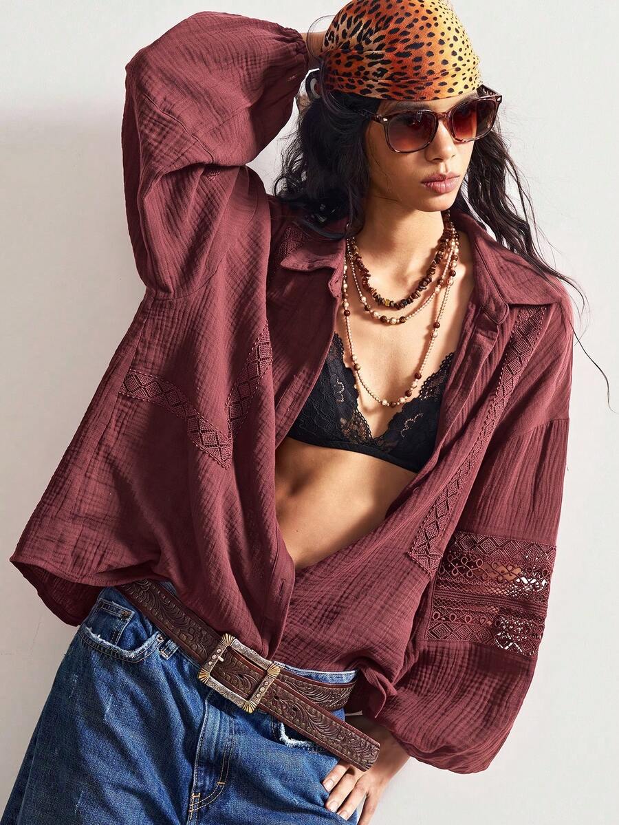Bohemela 女款蕾絲拼接休閒百搭日常襯衫 - 咖啡棕 - 查看 1