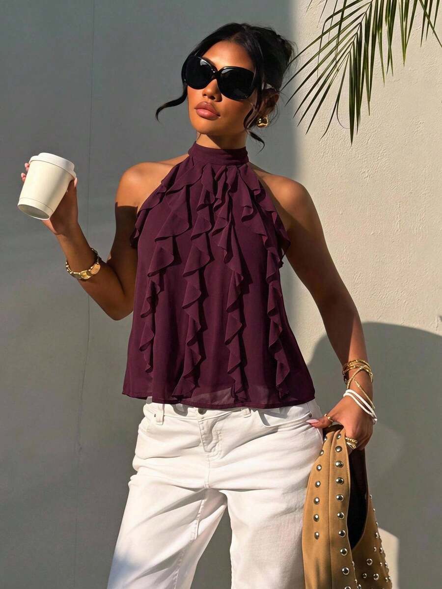 Aloruh Women's Solid Color Ruffle Halter Neck Top, Fashionable Versatile Daily Wear,Purple-Red Top,Teacher Outfits,Casual,Commuting,Work Tops,Summer,Office