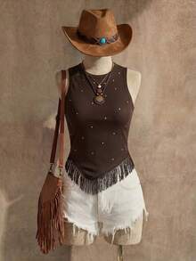 Wildy Atasan Crop Top Berumbai Hitam Berhiaskan Stud untuk Festival Musik Barat Musim Panas Gaya BOHO, Pesta Dansa Musim Panas Eropa untuk Liburan, Atasan Musim Panas - Coklat - View 10
