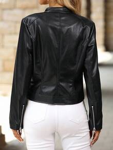 SHEIN Clasi 女款豹紋內裡PU皮革長袖前拉鍊夾克 - 黑色 - 查看 2