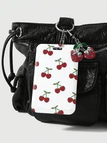 ROMWE Kawaii 1款時尚氣質甜美紅色亮鑽蝴蝶結櫻桃印花櫻桃卡套DIY鑰匙圈包包吊飾，適合女生，節日禮物 - 紅色-17 - 查看 2