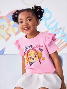 SHEIN | PAW Patrol 少女甜美可爱卡通字母爱心印花荷叶边短袖T恤，休闲日常通勤，夏季 - 粉色 - 查看 3