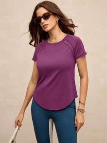Activina Women's Solid Color Raglan Short Sleeve Casual Fitness Sports T-Shirt - Purple - View 7