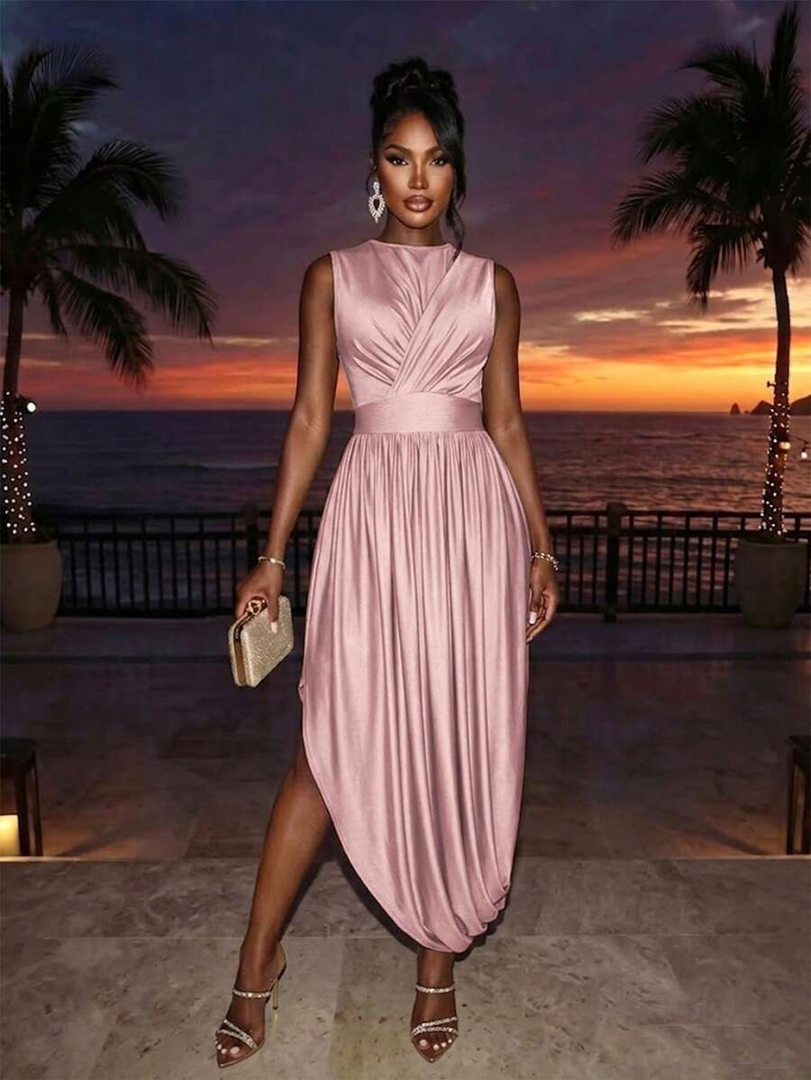 SOLERSUN Summer Women's High-End Waist-Cinching High-Waisted Design Apricot Bodycon Slim Long Dress