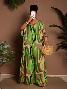 Maweii Plus Size Women's Loose Casual Vacation Sexy Vacation Print Short Sleeve Long Plus Size Dress - Multicolor - View 6