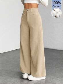 SHEIN PETITE Low Waist Solid Color Wide Leg Pants, Cotton Corduroy, Comfortable For Autumn/Winter - Apricot - View 1