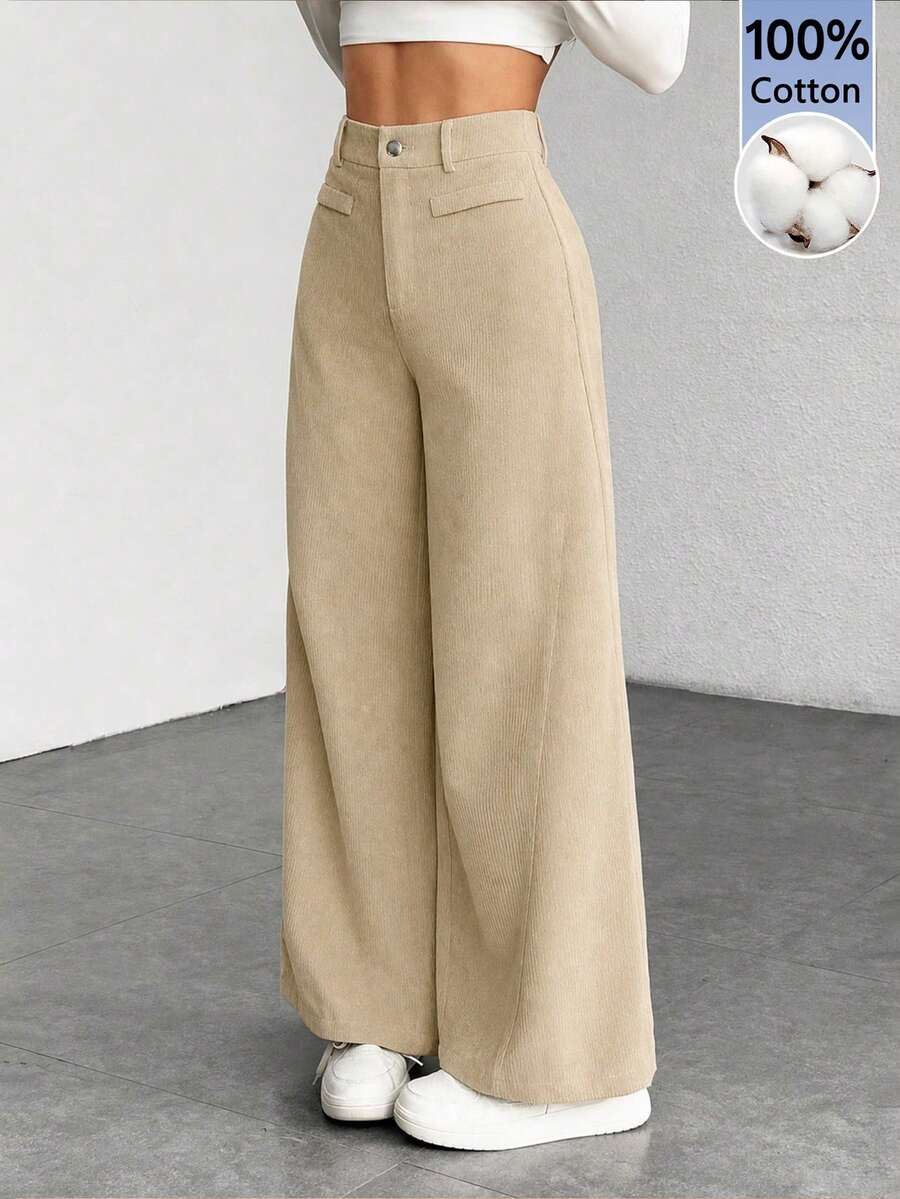 SHEIN PETITE Low Waist Solid Color Wide Leg Pants, Cotton Corduroy, Comfortable For Autumn/Winter - Apricot - View 1