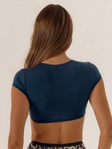 Aralina Women's Solid Color Twisted Design Cropped Sports T-Shirt - Navy Blue - View 2