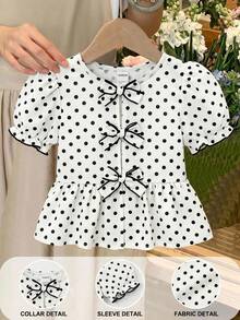 SHEIN LMoss Kids 女童休閒梭織圓領短袖波點套頭上衣 - 白色 - 查看 6