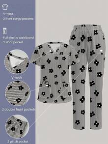 TaskEZ Scrub Set With Cute Striped Floral Print V-Neck Design, Workwear Suitable For Office Commute And Pet Hospital - Multicolor - View 1