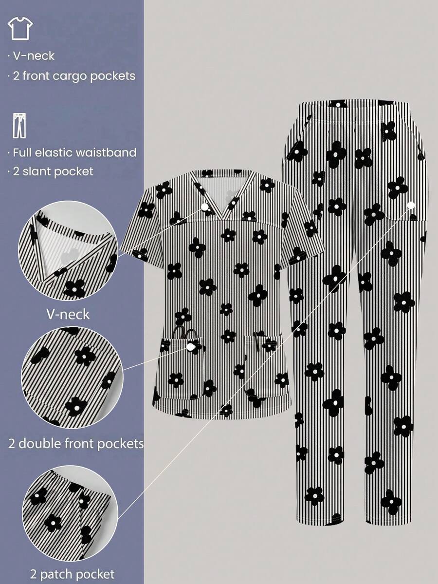 TaskEZ Scrub Set With Cute Striped Floral Print V-Neck Design, Workwear Suitable For Office Commute And Pet Hospital - Multicolor - View 1