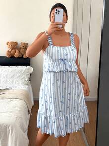 Napfluff CURVE Napfluff CURVE Blue Striped Bow Print Frill Trim Spaghetti Strap Plus Size Nightgown - Multicolor - View 4