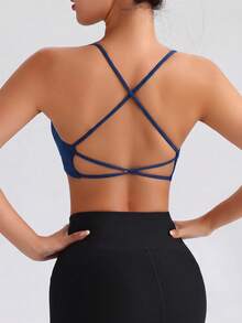 SHEIN Sports Sujetador deportivo sin costuras de color liso con espalda descubierta y cuello halter - Azul Marino - Ver 1