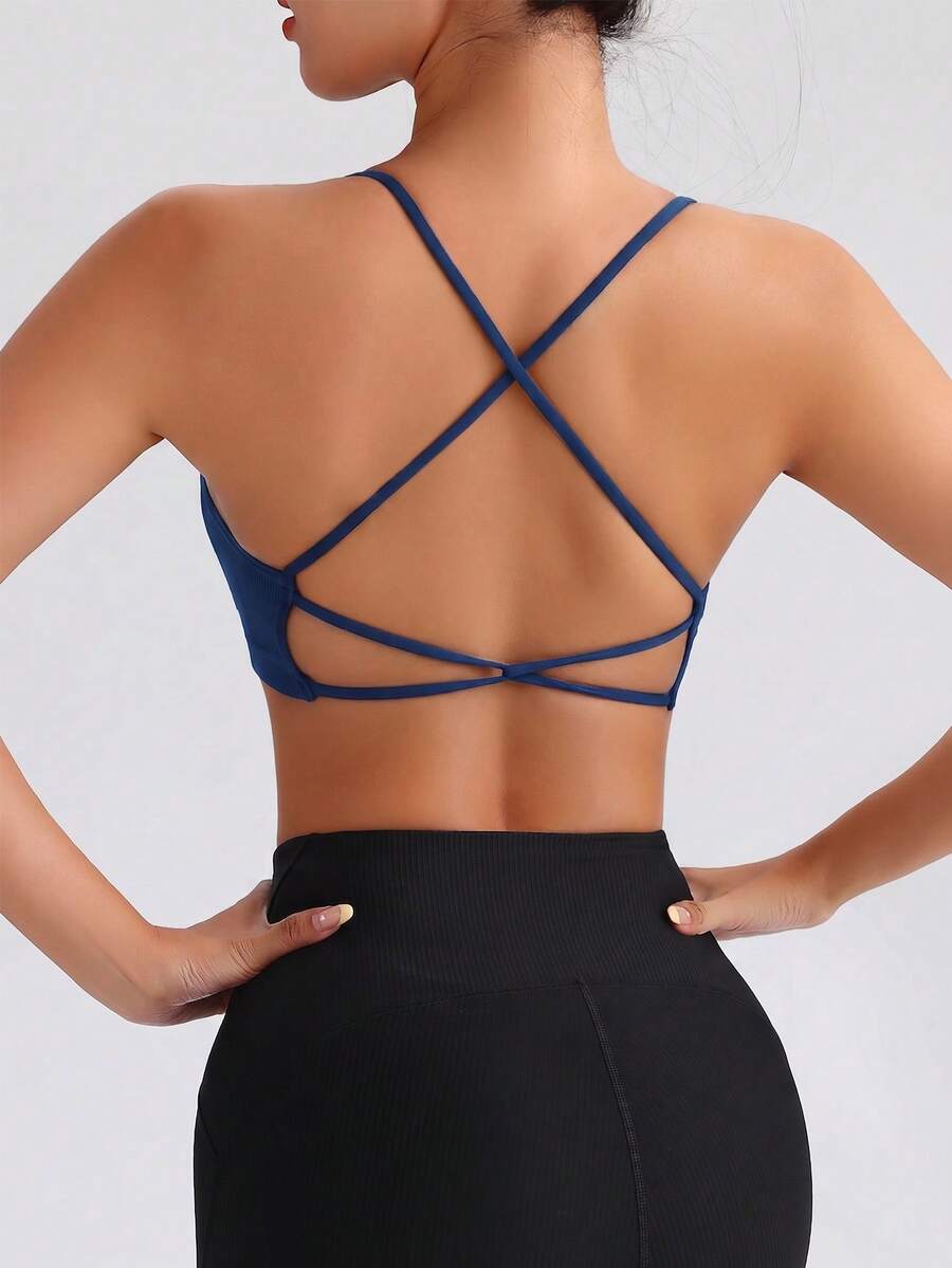 SHEIN Sports Sujetador deportivo sin costuras de color liso con espalda descubierta y cuello halter - Azul Marino - Ver 1