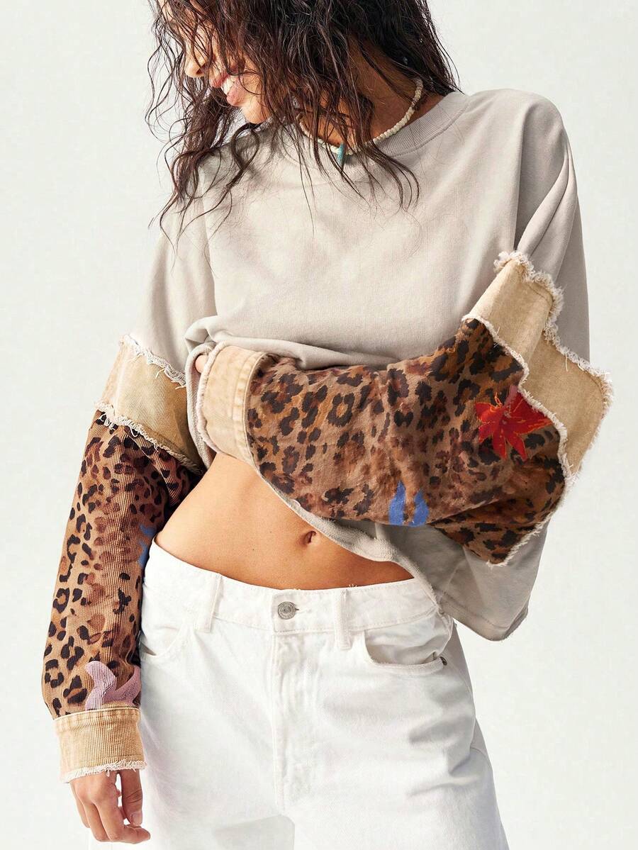 Bohemela Casual Loose Patchwork Women's Sweatshirt - Apricot - View 1