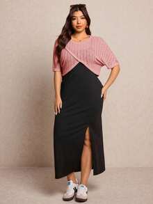 Elaquor Plus Size Solid Color Street Style Front Slit Cami Dress And Criss-Cross Knit Top 2-Piece Set - Pink - View 5