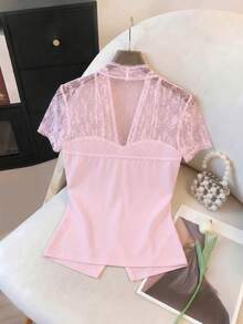 SHEIN Franclia V-Neck Contrast Lace Elegant Button Women's Top - Pink - View 2