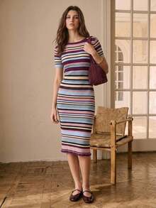 BizChic Women's Ribbed Ribbed Knit Sweater Dress Cinched Cinched Waist French Elegant Office Work Brunch Commute Business Workplace Social Formal Attire - Multicolor - View 3