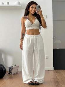 SHEIN PETITE CURVE 大尺碼女款純色抽繩腰休閒百搭日常穿著長褲 - 白色 - 查看 5